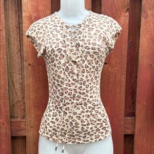 Guess Beige Leopard Print Lace-Up Top Size L